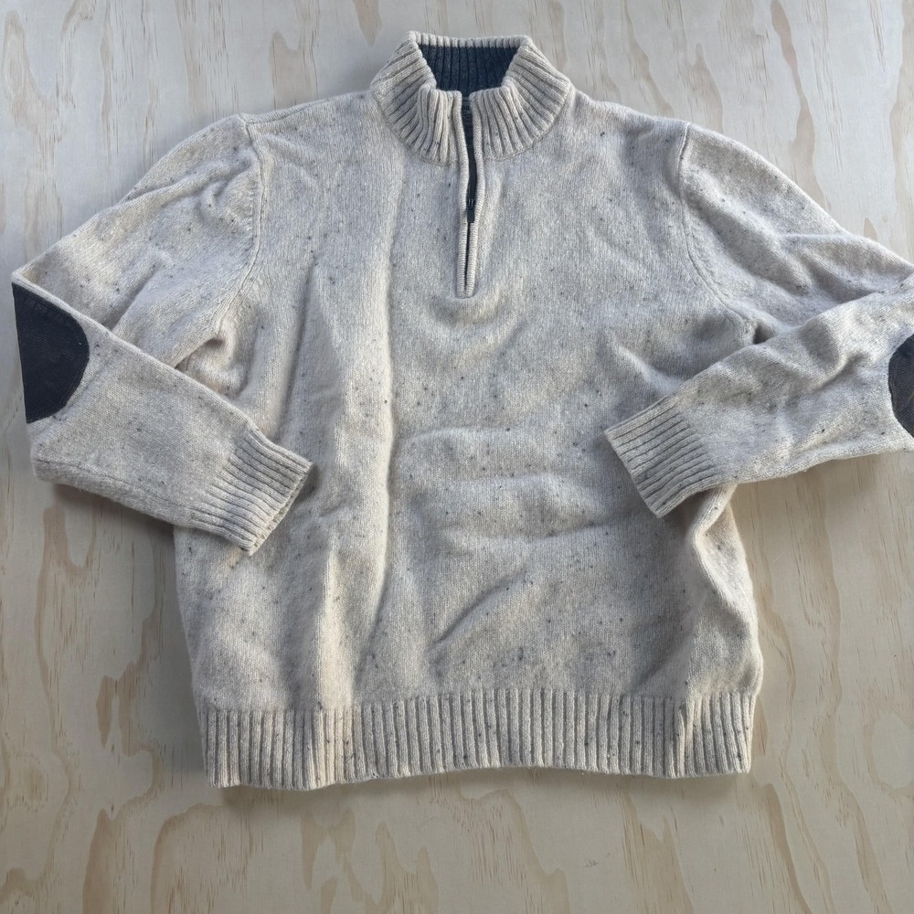 L.L. Bean Sweater Mens XL White 1/4 Zip Mock Neck Wool Elbow Patch Knit Pullover